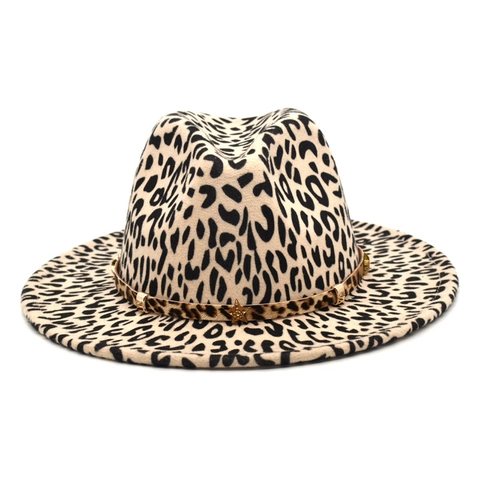 Leopard Print Fedora Hat Wide Brim Cotton Polyester Woolen Feel Metal Star Decor Outdoor Fashion Jazz Hat Unisex