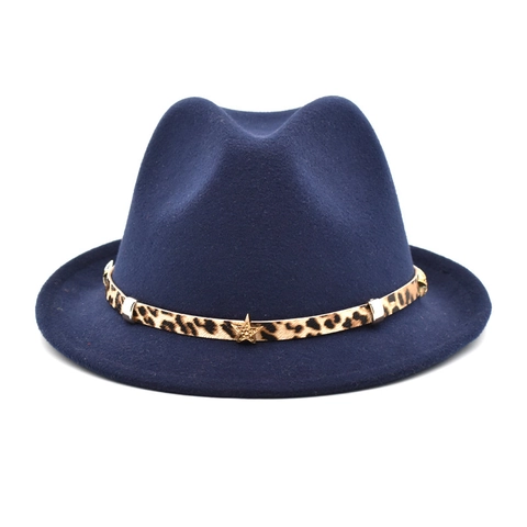 Wollen Vilt Fedora Hoed Met Luipaardprint Band Gouden Ster Retro Jazz Stijl Breedgerande Hoed Voor Heren Dames