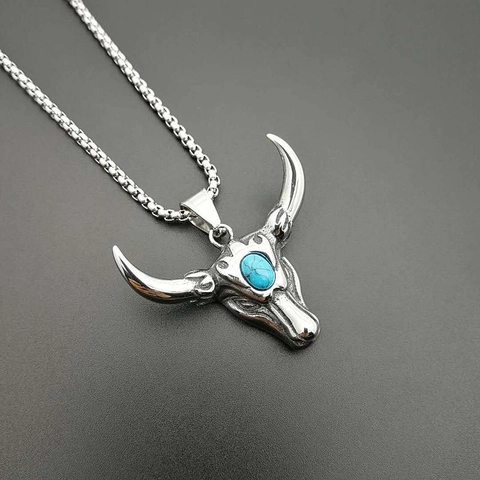 Vintage Punk Stierkopf Anhänger Halskette Edelstahl Türkis Eingelegt Rock Biker Gothic Stil Schmuck Für Herren Damen