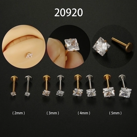 Stainless Steel Square Zirconia Labret Stud For Women Men Internal Thread Flat Back Cartilage Earring Lip Piercing Jewelry