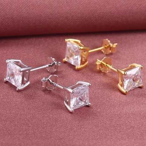 Classic 925 Sterling Silver Square Zirconia Stud Earrings Princess Cut Four Prong Inlaid Gold Silver Jewelry For Women Men