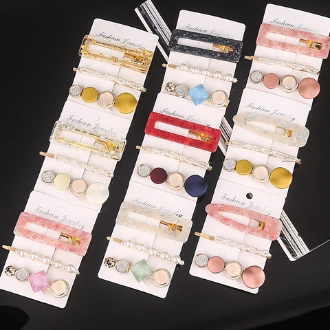 Acetate Resin Hair Clips Imitation Artificial Pearl Rhinestone Geometric Korean Style Elegant Fashion Hairpins For Women Girls
