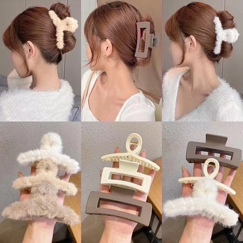 Hair Claw Clips Plush Faux Fur Matte Plastic Metal Alloy Shark Clips Korean Style Autumn Winter Strong Hold Elegant
