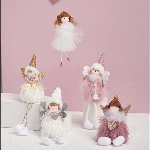 Plush Christmas Angel Ornaments Tree Hanging Decor Lace Mesh Fabric Fairy Doll Wings Bells Holiday Home Party Decoration