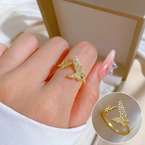 Verstellbarer Schmetterlingsring Messing Vergoldet Mikropavé Zirkonia Eleganter Schmuck Für Damen