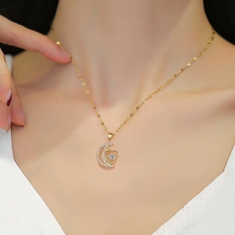 Mond Herz Anhänger Halskette Titan Stahl Kette Kupfer Mikro Pave Zirkon Tanzender Stein Schlüsselbein Schmuck Für Damen