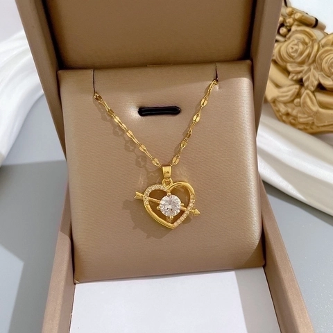 Heart Pendant Necklace With Stainless Steel Chain And Copper Zircon Cupid Arrow Clavicle Chain Sweet Gift For Women