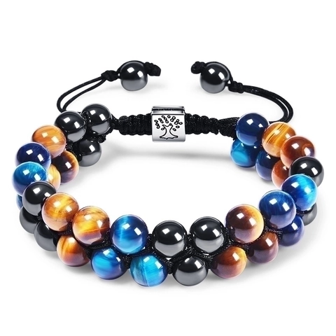 Natural Tiger Eye Hematite Stone Braided Bracelet Double Layer Tree Of Life Charm Adjustable Jewelry