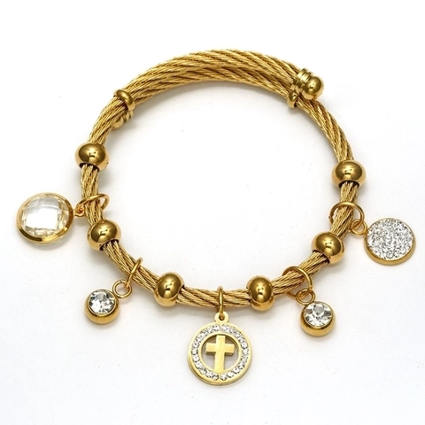 Bracciale A Cavo In Acciaio Inossidabile Placcato Oro 18K Pendente Croce Regolabile Charms Zircone Gioielli Religiosi