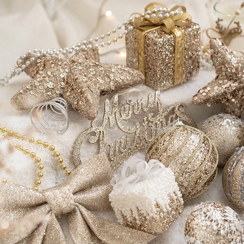 Christmas Tree Ornaments Hanging Decorations Glitter Champagne Gold Silver Balls Stars Bows For Holiday Party Home Decor