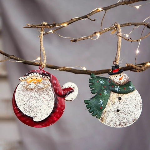 Christmas Hanging Ornaments Vintage Iron Painted Santa Claus Snowman Retro Metal Pendant For Holiday Xmas Tree Decoration