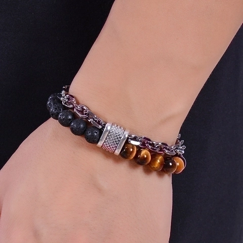 Natural Tiger Eye Lava Stone Beaded Bracelet Men Stainless Steel Chain Double Layer Handmade Jewelry With Toggle Clasp