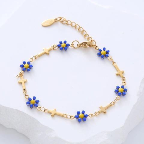 Bracciale Fiore In Smalto Con Croce Acciaio Inossidabile Placcato Oro 18K Catena Regolabile Gioielli Di Moda Per Donna Regalo