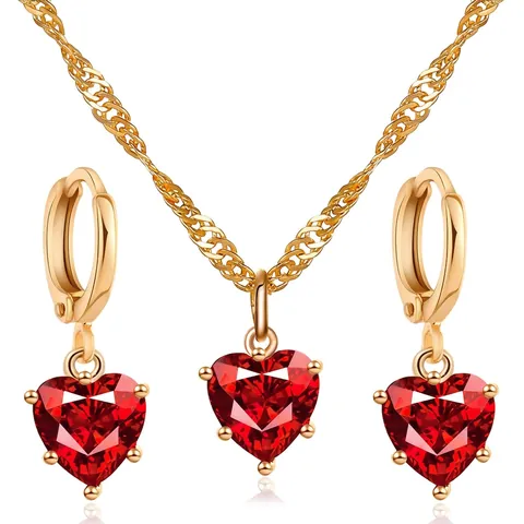 Rote Herz Zirkonia Schmuck Vergoldete Kupfer Halskette Und Ohrringe Elegante Hochzeit Accessoires Für Damen