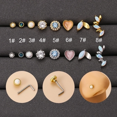 Mode Edelstahl L-Balken Nasenstecker Für Damen Kupfer Eingelegt Zirkonia Synthetische Opal Geometrische Body Piercing Schmuck