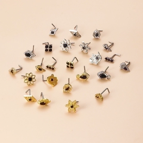 Clou de Nez en Forme de L en Acier Inoxydable 20G Rétro Gothique Zirconia Noir Flocon de Neige Géométrique Bijoux de Piercing pour Femme