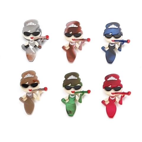 Audrey Hepburn Style Acrylic Brooch Pin Cartoon Figure Vintage Rhinestone Corsage For Clothing Bags Women Accessories
