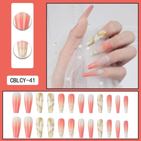 Long Coffin Press On Nails Ombre Pink White Gradient Golden Glitter Heart Marble Pattern Artificial False Nails Glossy Manicure