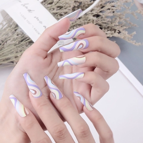 Long Coffin Press On Nails Matte Frosted Abstract Swirl Wave Macaron Color Pop Art False Nails Full Cover For Women