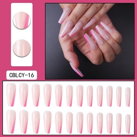Press On Nails Long Coffin Shape French V Tip Hot Pink Silver Glitter Line Artificial False Nails Full Cover Manicure