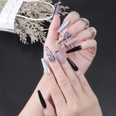 Uñas Postizas Largas Coffin Negro Morado Plata Brillo Patrón Hoja Flor Brillante Cobertura Completa