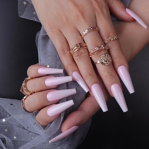 Long Coffin Ballerina Press On Nails Glossy Gradient Light Pink Purple Full Cover False Nails For Women