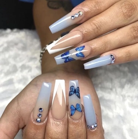 Blue Butterfly Press On Nails Coffin Lang Gradient Strass Künstliche Nägel Französisch V Spitze Maniküre