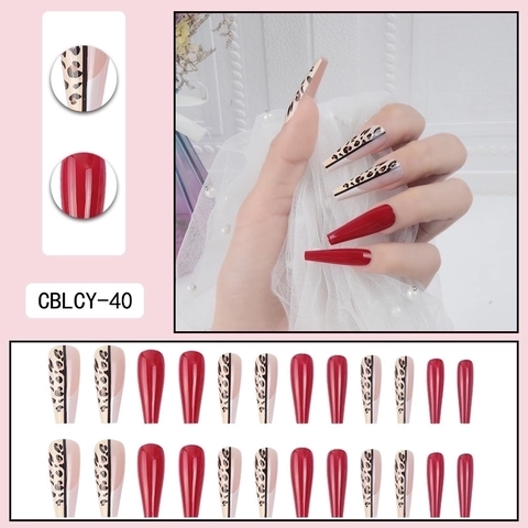 Kunstnagels Om Op Te Drukken Lange Kistvorm Rood Glanzend Luipaardprint Ballerina Kunstnagels Voor Dames