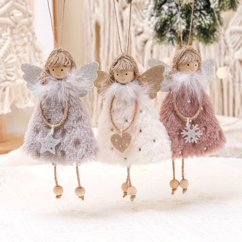 Plush Christmas Angel Hanging Ornaments Handmade Fabric Wooden Bead Jute Rope Doll Figurines Tree Holiday Decor