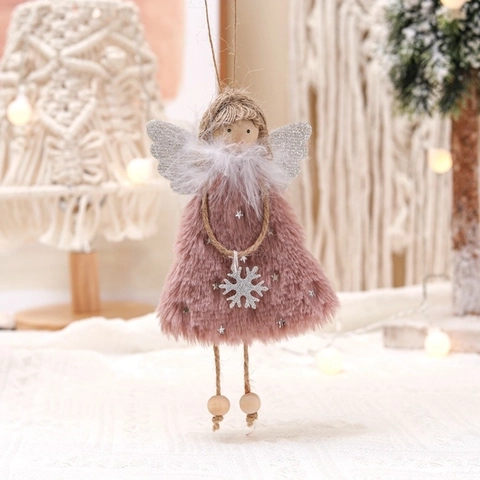 Plush Christmas Angel Hanging Ornaments Handmade Fabric Wooden Bead Jute Rope Doll Figurines Tree Holiday Decor