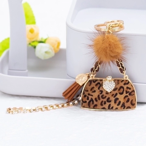 Lussuoso Portachiavi Mini Borsa Leopardata Con Pompon in Peluche Nappa Lega Strass Ciondolo a Cuore Per Donna