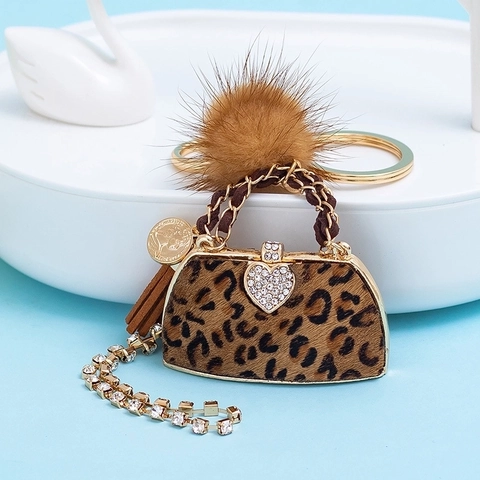 Lussuoso Portachiavi Mini Borsa Leopardata Con Pompon in Peluche Nappa Lega Strass Ciondolo a Cuore Per Donna