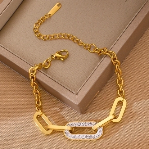 Chunky Chain Bracelet Stainless Steel Gold Plated Cubic Zirconia Encrusted Link Adjustable Jewelry For Women