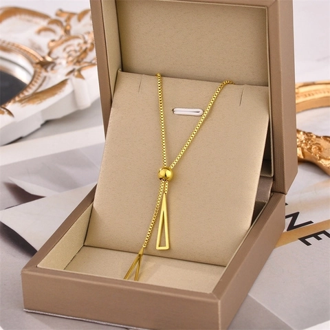 Minimalist Stainless Steel Necklace With Adjustable Sliding Bead Y Shaped Geometric Triangle Pendants Box Chain Jewelry