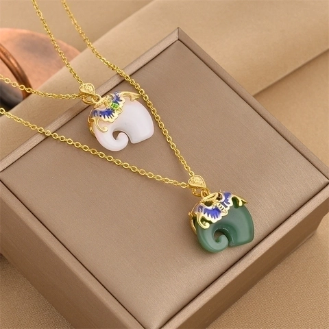 Retro Elephant Pendant Necklace Stainless Steel With Enamel And Imitation Jade Oriental Style Jewelry For Women