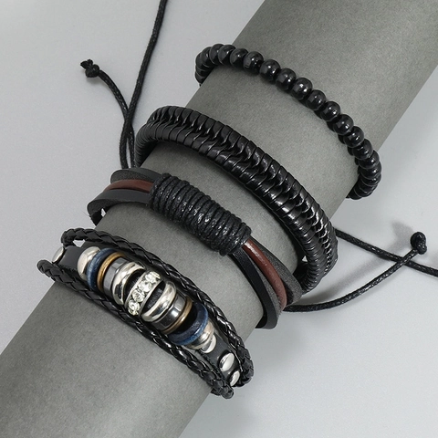 Punk Retro Braided Artificial Leather Bracelet Multilayer Set For Men Women Adjustable Cord Bracelet With Rhinestone Alloy Charms Wood Beads Hand Jewelry