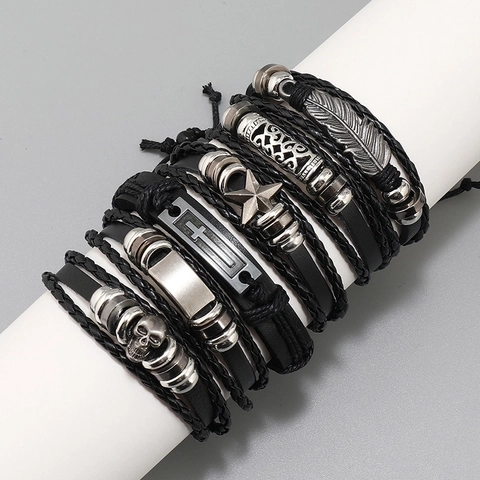 Leder Geflochtene Armbänder Mit Totenkopf Kreuz Feder Metallanhängern Vintage Punk Hip Hop Stil Für Männer