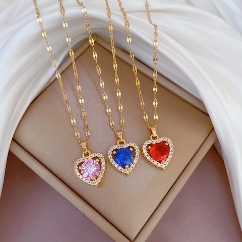 Heart Pendant Necklace Titanium Steel Chain Copper Micro Pave Cubic Zirconia Luxury Elegant Jewelry For Women Gift
