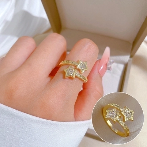 Anillo Abierto De Doble Estrella Latón Chapado En Oro Real Micro Pavé Circonita Ajustable Joyería Elegante Mujer