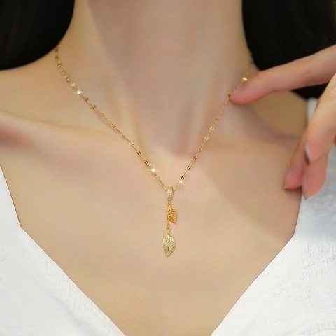 Collar Con Colgante De Hoja Elegante Vintage Para Mujer Cadena De Acero Inoxidable Cobre Circón Incrustado Joyería Minimalista