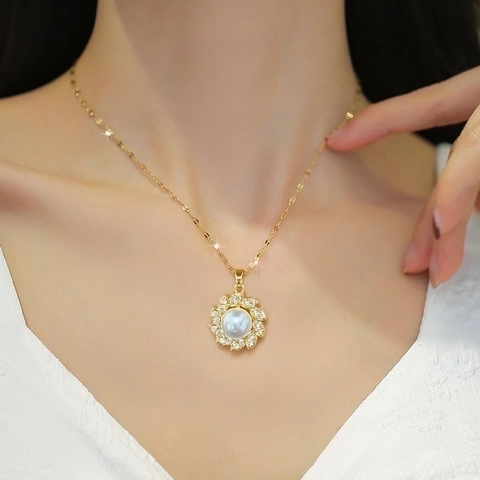 Sunflower Anhänger Halskette Vergoldeter Edelstahl Mit Künstliche Perle Zirkon Retro Blume Schlüsselbein Kette Für Frauen