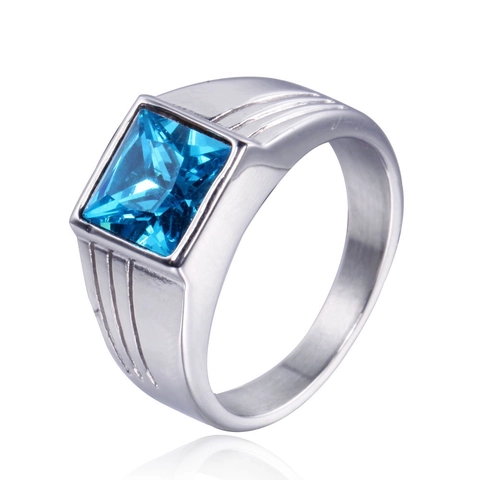 Men Geometric Stainless Steel Ring Square Cut Rhinestone Inlaid Fashion Commuter Band Silver Jewelry Accessory Gift