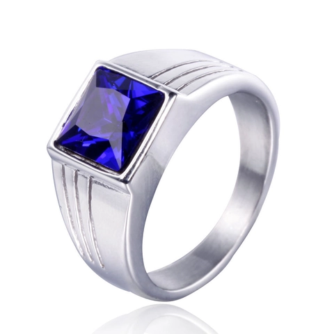 Men Geometric Stainless Steel Ring Square Cut Rhinestone Inlaid Fashion Commuter Band Silver Jewelry Accessory Gift