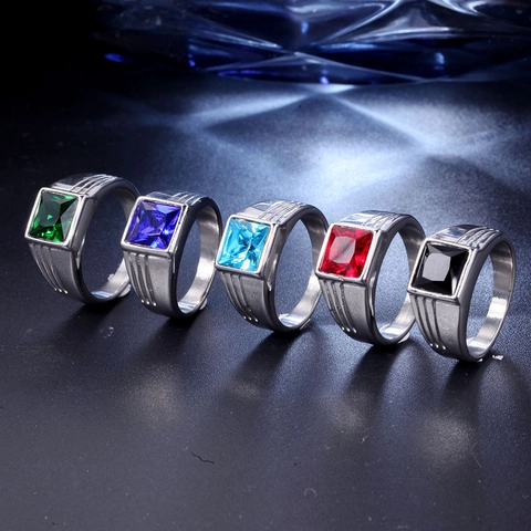 Herrenring Edelstahl Mit Quadratischem Edelstein Zirkonia Silber Poliert Rillenband Modeschmuck Accessoire