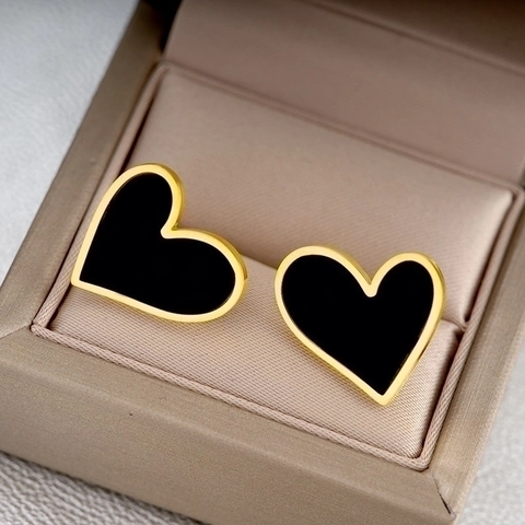 Hart Oorknopjes Roestvrij Staal 18K Verguld Zwart Emaille Witte Schelp Geometrische Sieraden Voor Vrouwen Meisjes