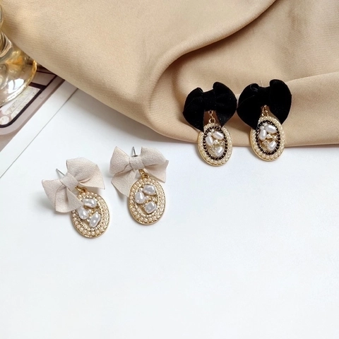 Französische Vintage Schleife Künstliche Perlen Ohrringe Stoff Samt Legierung Eleganter Schmuck Damen Mit 925 Sterling Silber Ohrstecker