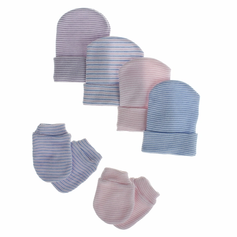 Cappello Muffole Neonato Cotone Maglia Righe Morbido Traspirante Antigraffio Copricapo Infantile Protezione Mani