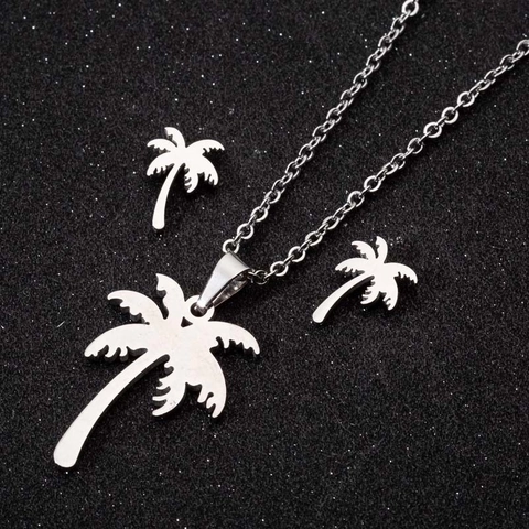 Stainless Steel Coconut Tree Palm Tree Necklace And Earrings Minimalist Summer Beach Jewelry For Women