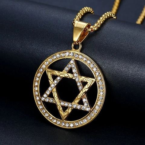 Collana Pendente Stella Di David Hip Hop Placcato Oro Acciaio Inossidabile Medaglione Tondo Strass Gioielli Religiosi Uomo
