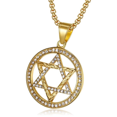 Collana Pendente Stella Di David Hip Hop Placcato Oro Acciaio Inossidabile Medaglione Tondo Strass Gioielli Religiosi Uomo
